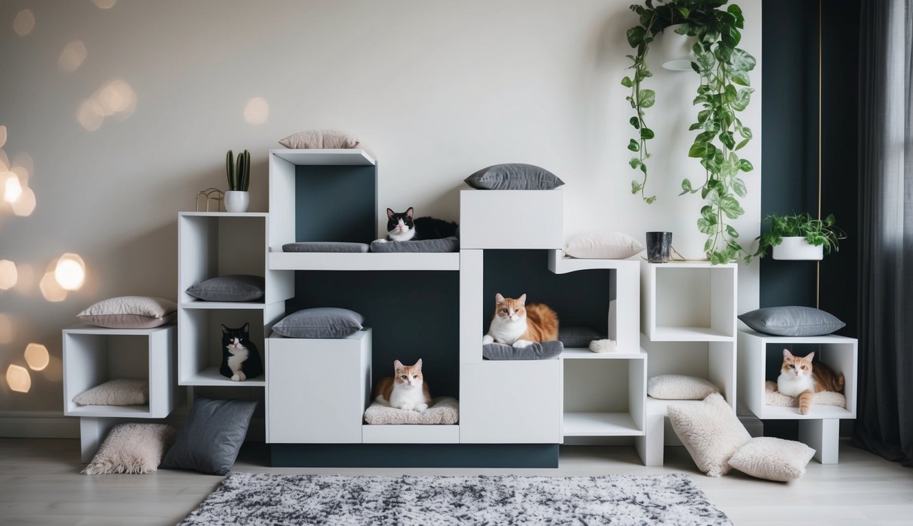 A sleek, modern luxury cat condo with multiple levels and plush cushions, surrounded by stylish DIY cat furniture pieces blending seamlessly with the home decor