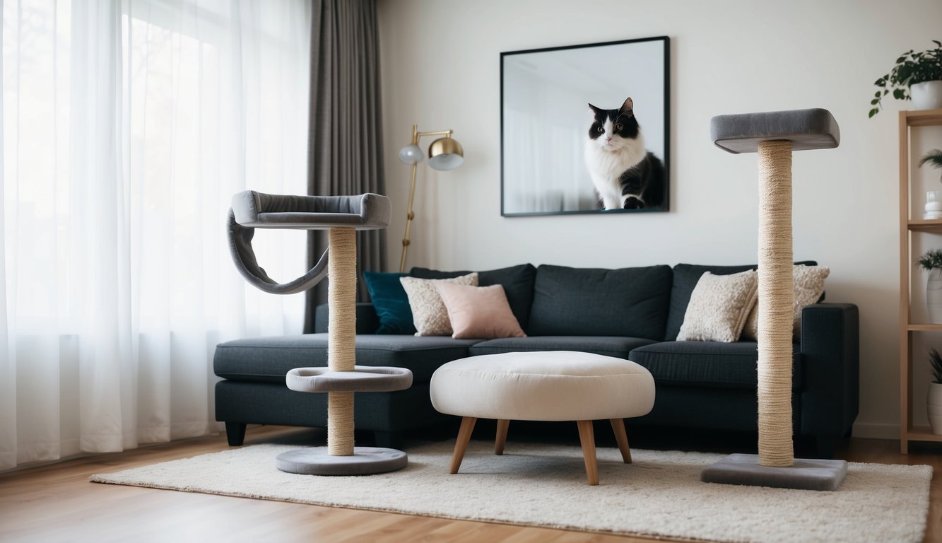 A cozy living room with modern, stylish cat furniture including a sleek scratching post, a plush cat bed, and a chic cat tree
