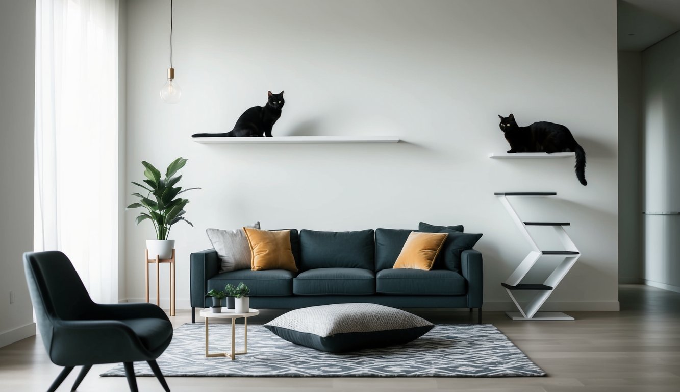 A sleek, modern living room with minimalist DIY cat furniture pieces blending seamlessly with the decor. A floating cat shelf, a geometric cat tree, and a stylish cat bed create a stylish and functional space for feline friends