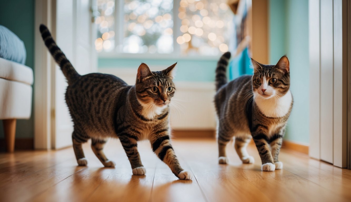 Two cats in separate rooms, one exploring cautiously while the other watches from a distance