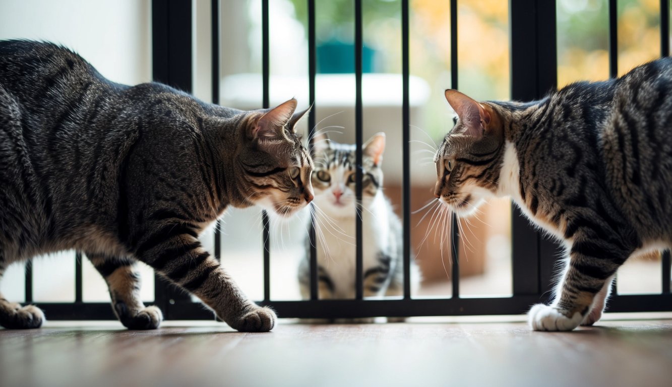 A cat cautiously approaches a barrier, while another pet waits on the other side. The two animals make eye contact, their body language tense but curious