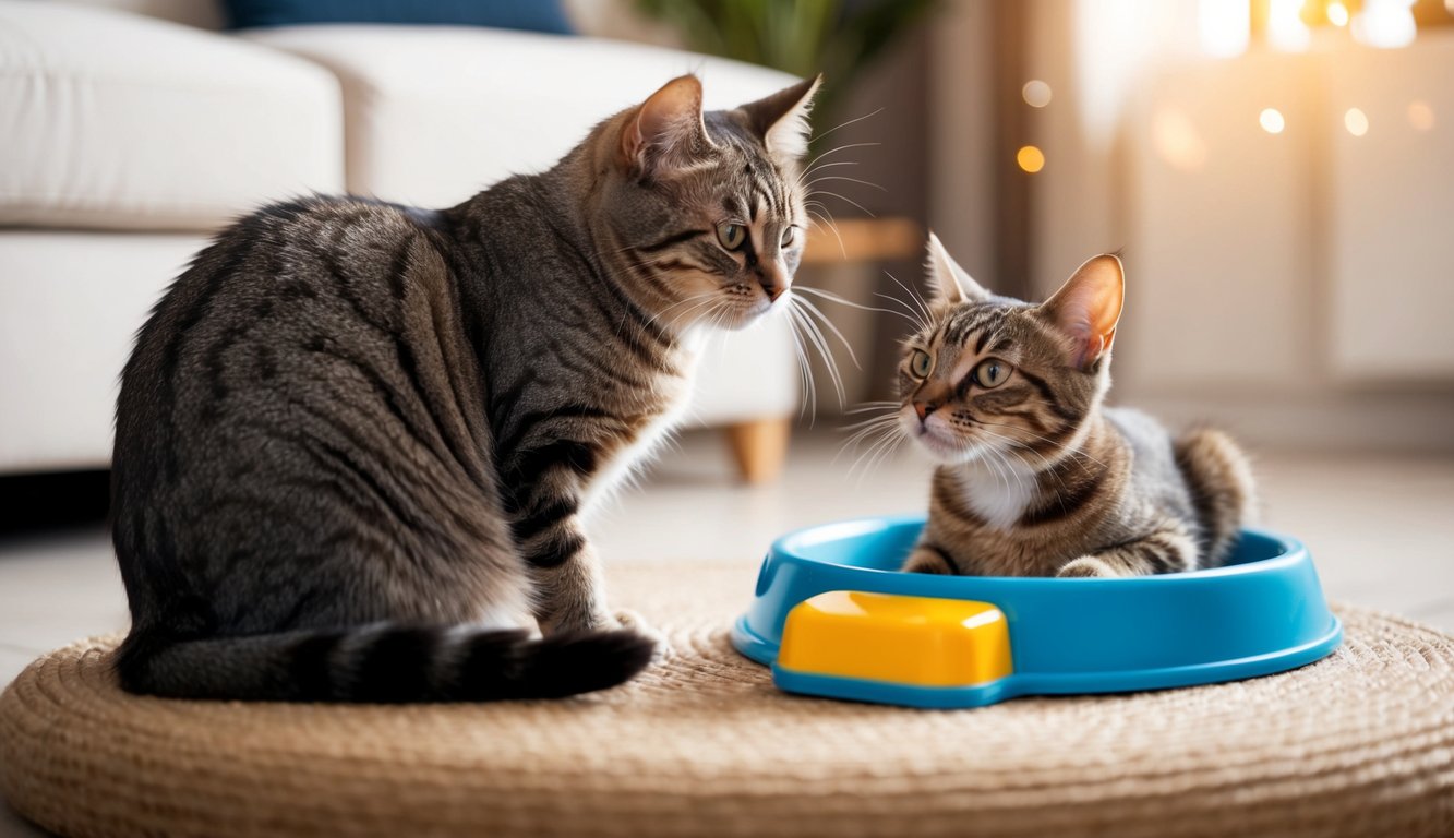 A cat calmly sits beside a new pet, while receiving a reward for good behavior