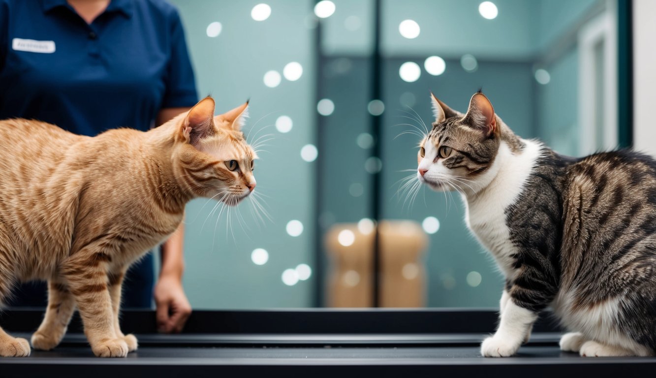 A cat and a new pet are introduced in a controlled environment, with a barrier between them. Both animals are calm and curious, with a supervisor present