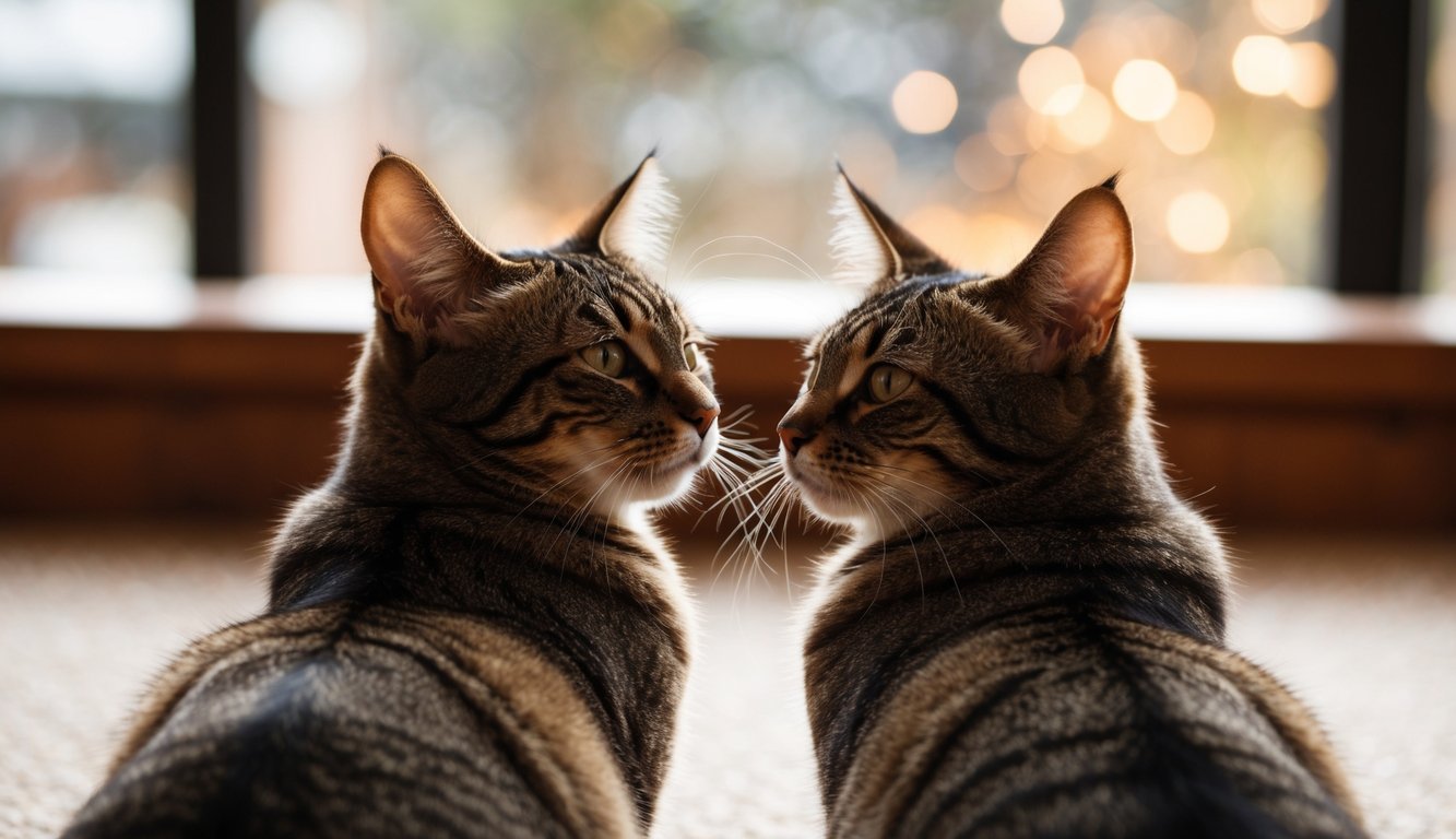 Two cats facing each other with relaxed body language, tails up, and ears forward, showing curiosity and openness to each other