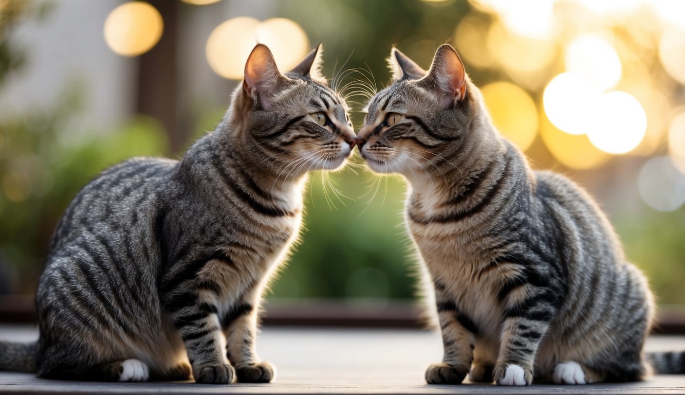 Two cats sitting face to face, one gently brushing its cheek against the other's to establish familiarity and trust