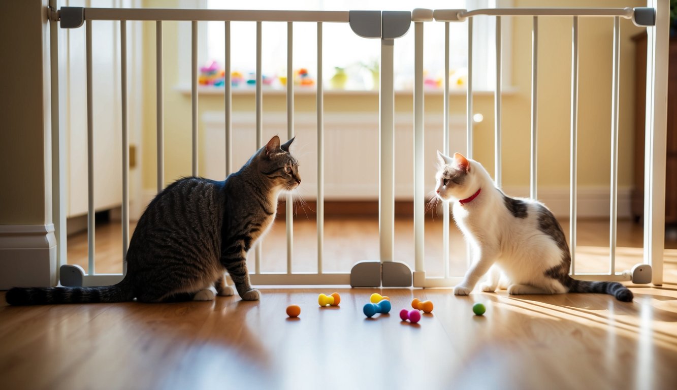 A calm cat sits in a sunlit room, eyeing a new pet cautiously. The two animals are separated by a baby gate, with toys and treats scattered around to encourage positive interactions