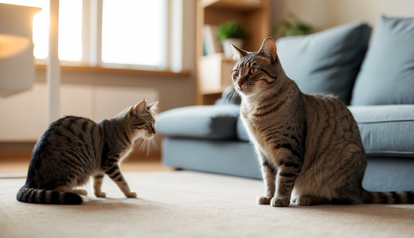 A calm, confident cat sits in a cozy room, observing a new pet from a safe distance. The new pet is relaxed and exploring its new surroundings