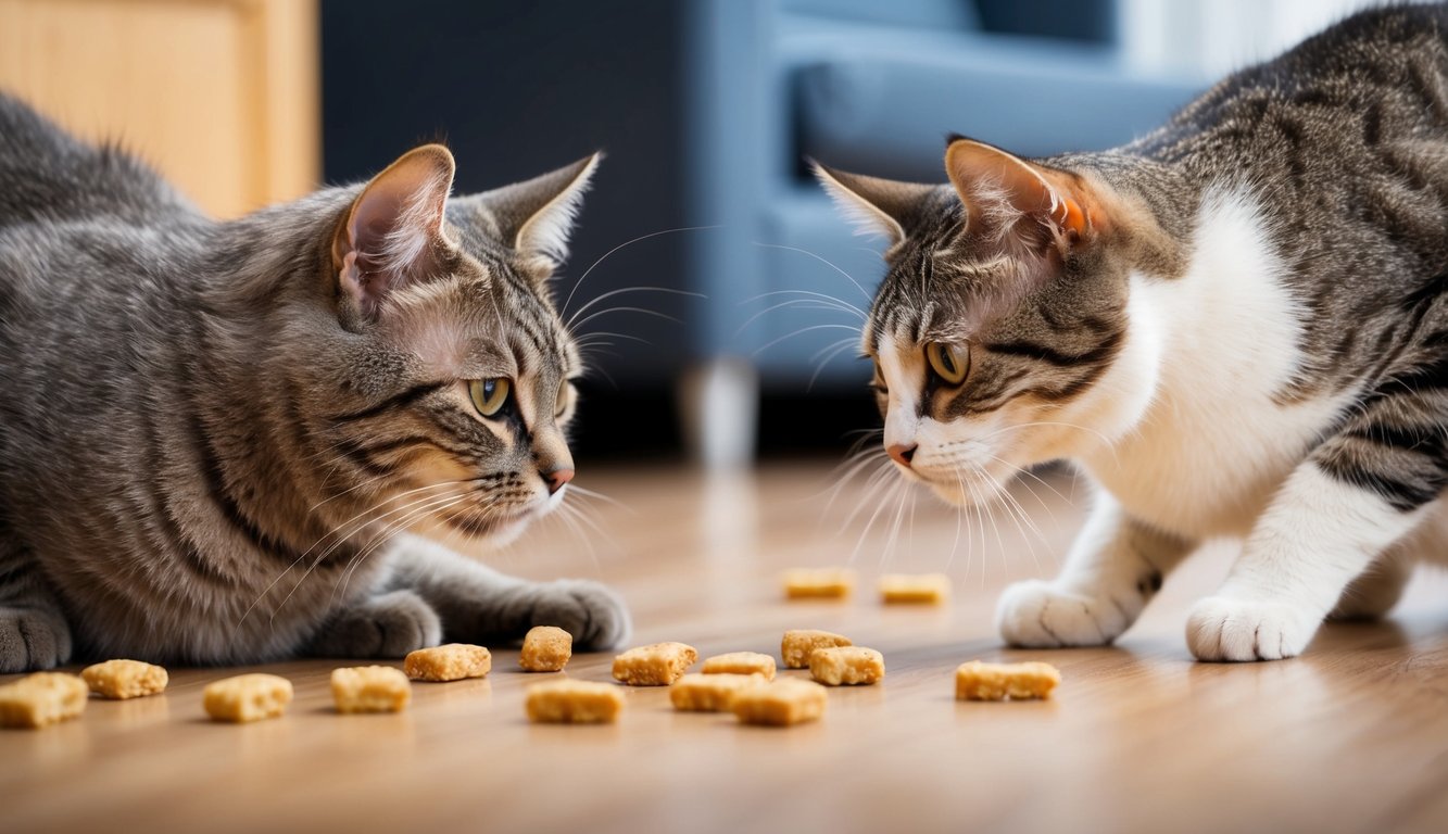 A cat cautiously approaches a new pet, while high-value treats are scattered around to create a positive association. The new pet is calm and curious, while the cat exhibits relaxed body language