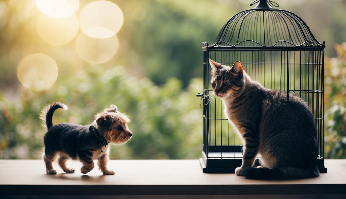 A calm cat sits near a birdcage, while a small dog approaches with cautious curiosity