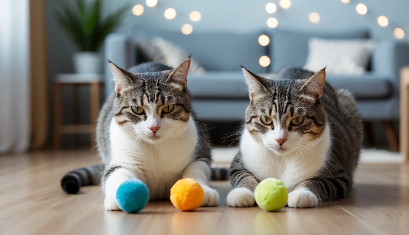 Two cats playing separately with toys in a calm and relaxed environment, showing no signs of aggression or tension