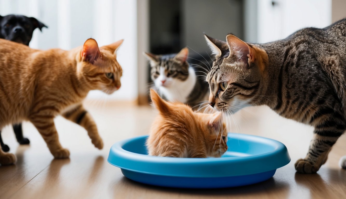 A cat cautiously approaches a new pet, sniffing and observing from a safe distance. Other pets are seen in the background, displaying calm body language