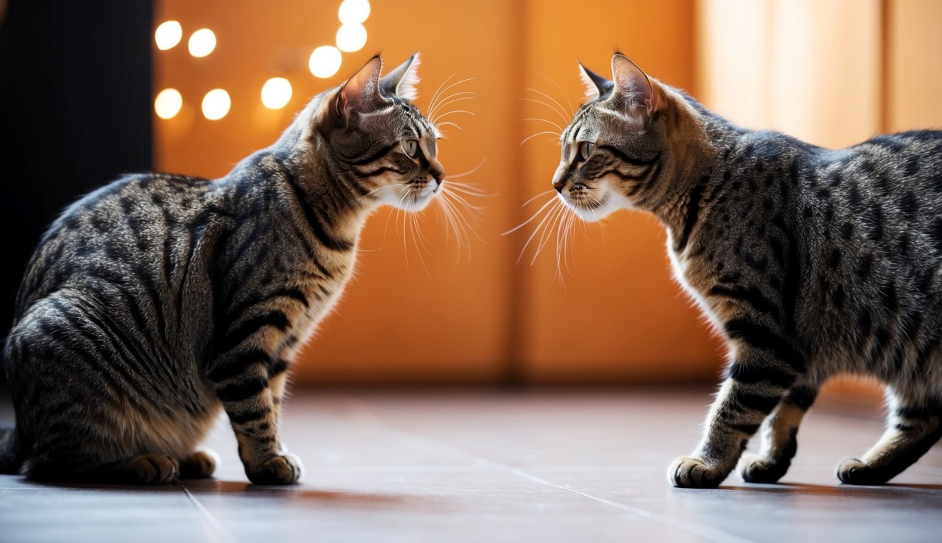 Two cats cautiously approach each other, one with a relaxed posture and the other with a defensive stance. Their body language suggests a tense but controlled interaction