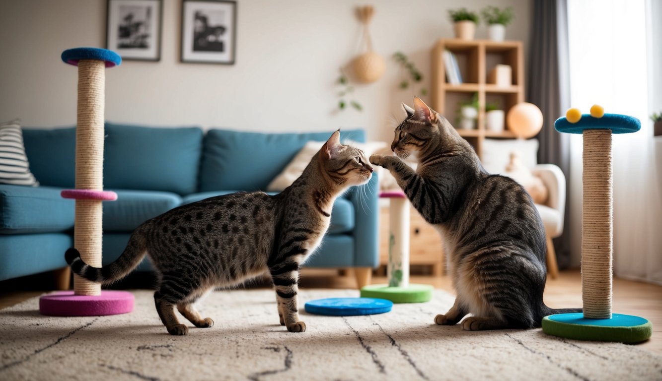 A cozy living room with two cats sniffing each other curiously, while toys and scratching posts are strategically placed around the room