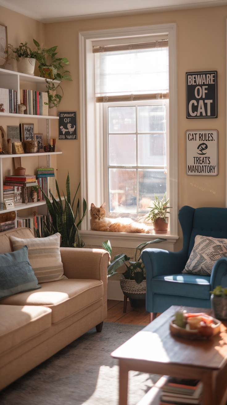 Cozy living room with a cat lounging in the window and signs warning guests about the cat rules.