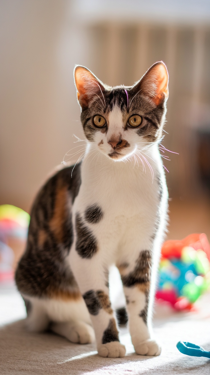 A cat with white and tabby markings, showcasing spots and socks on its paws.