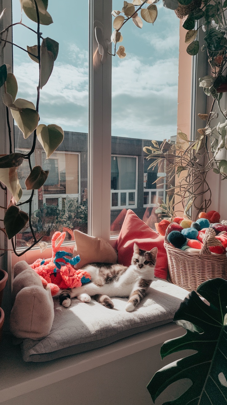 A cozy window sill filled with cushions, toys, and a relaxed cat lounging.