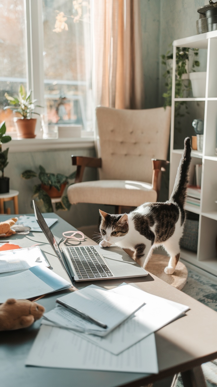 A cat walking on a laptop in a home office setup.