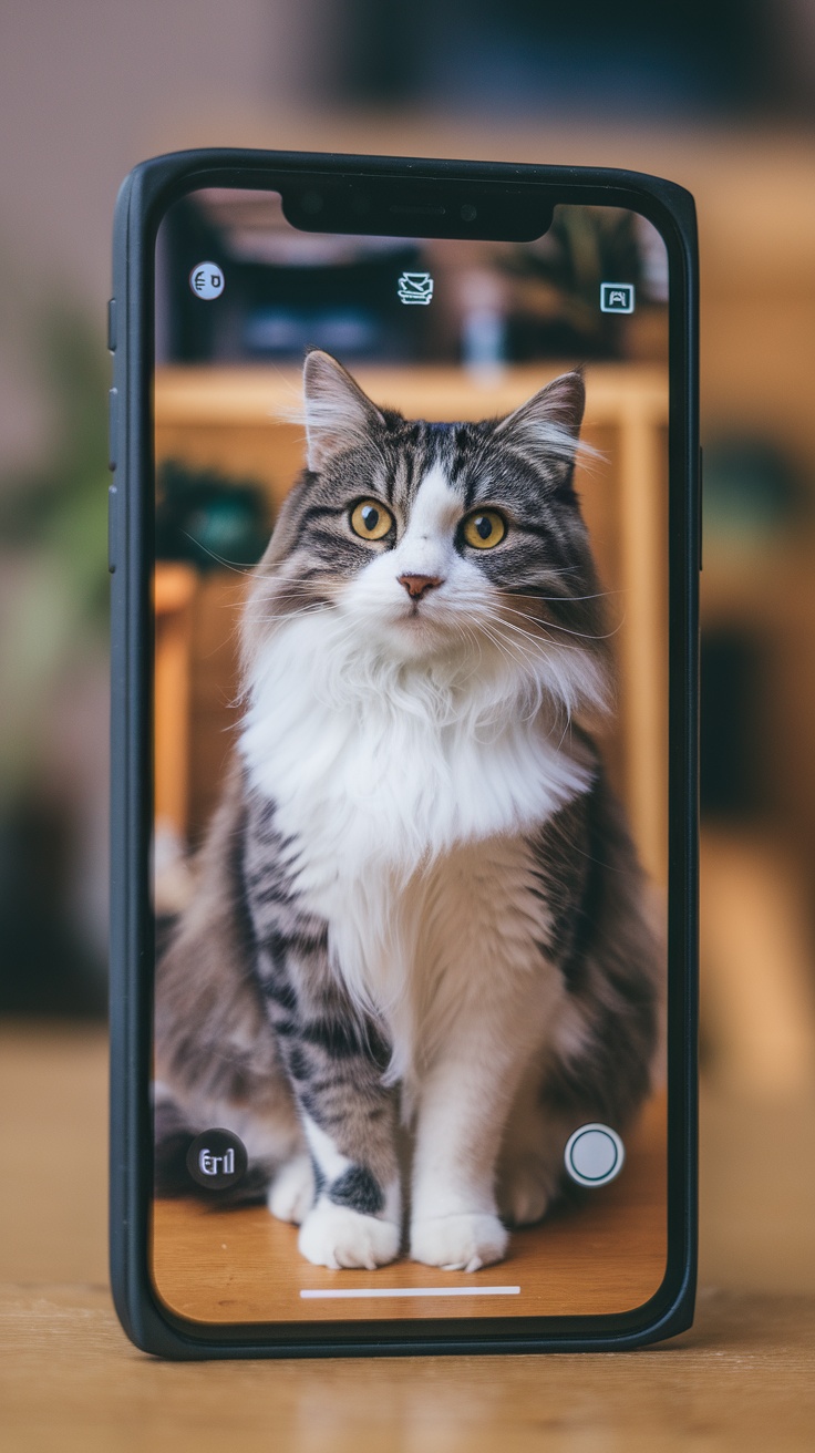 A person holding a smartphone displaying numerous cat photos against a background of printed cat images.