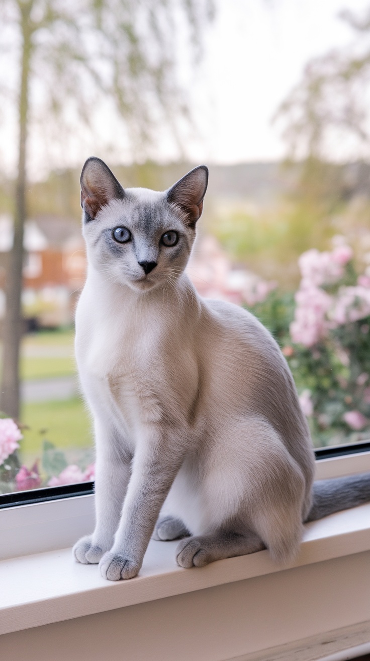 A Blue Point Siamese cat sitting on a windowsill, with soft grayish-blue fur and bright blue eyes.