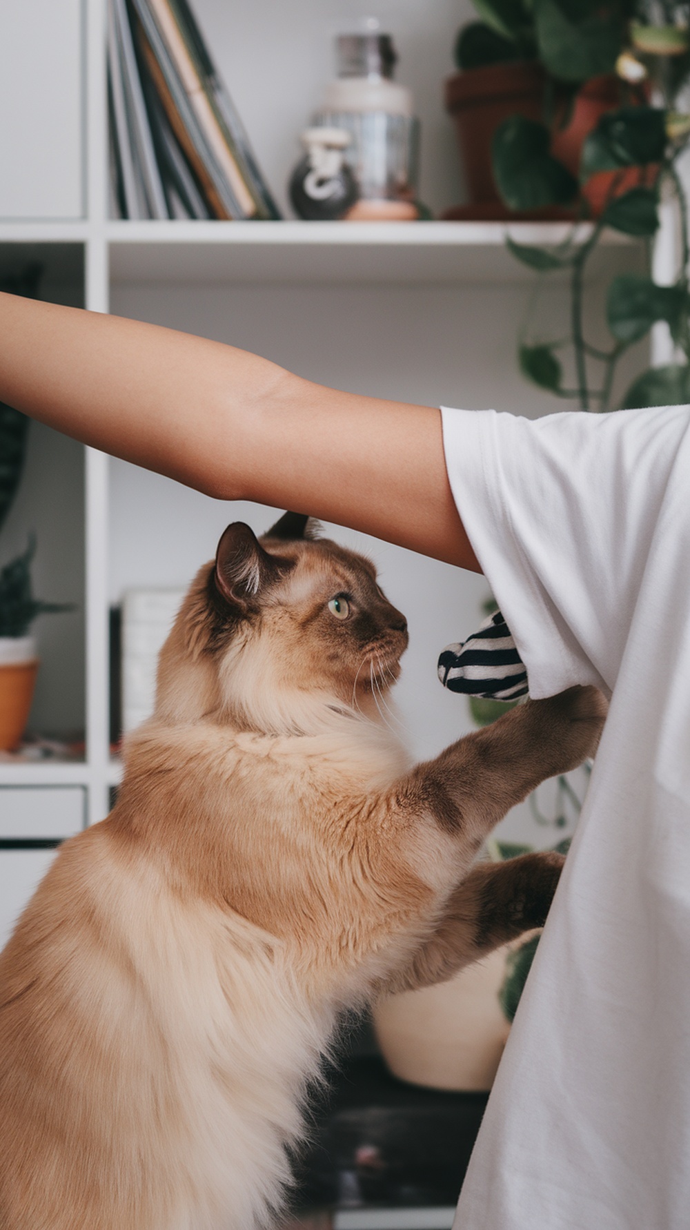 A Burmese cat reaching up to a person, showcasing its affectionate nature.