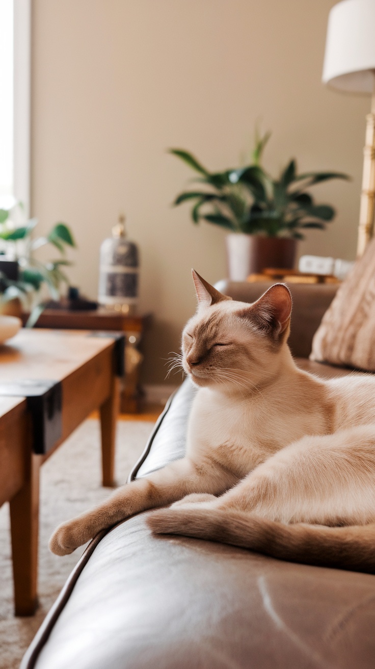 A relaxed Caramel Point Siamese cat lounging on a sofa.
