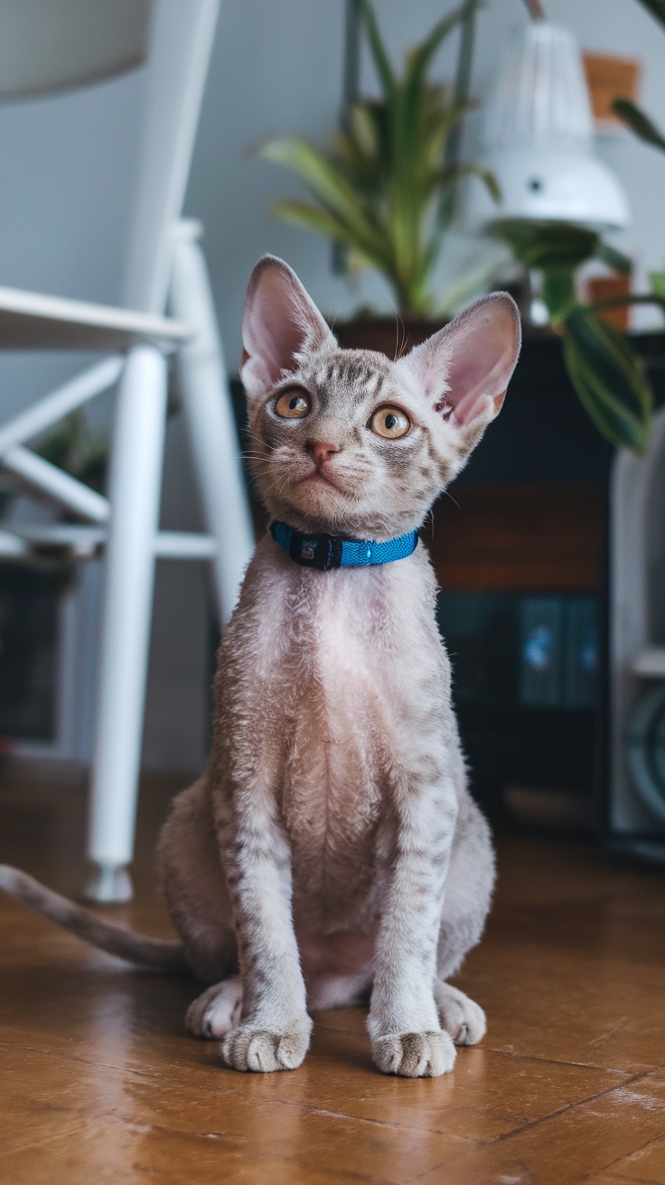 A playful Cornish Rex cat jumping in the air, showcasing its energetic nature and unique appearance.