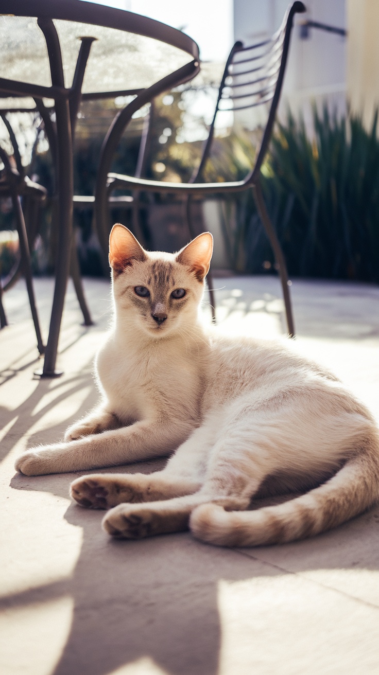 A Cream Point Siamese cat lounging outdoors, showcasing its pale fur and darker points.