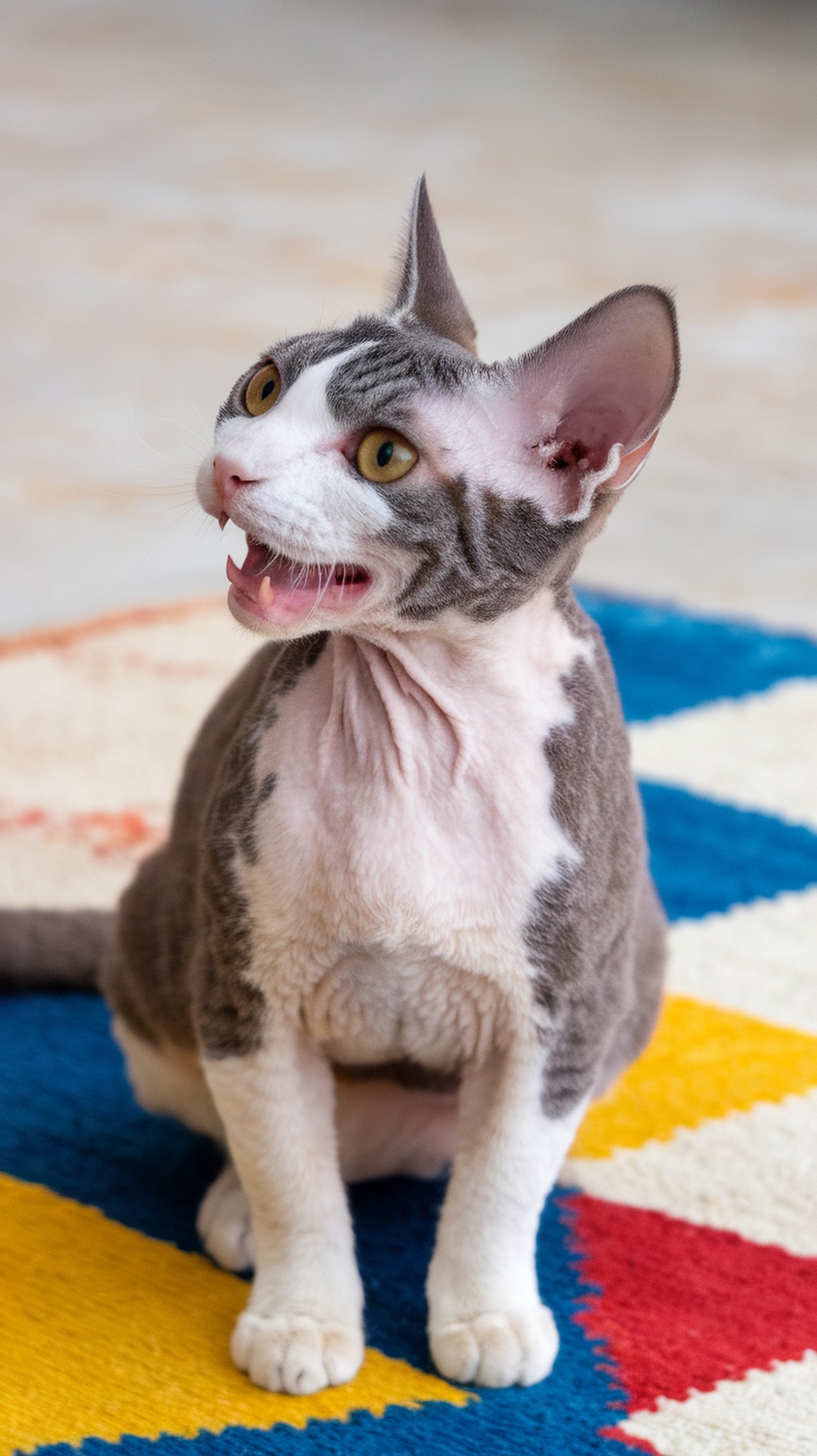 A playful Devon Rex cat with large ears and expressive eyes, sitting on a colorful rug.