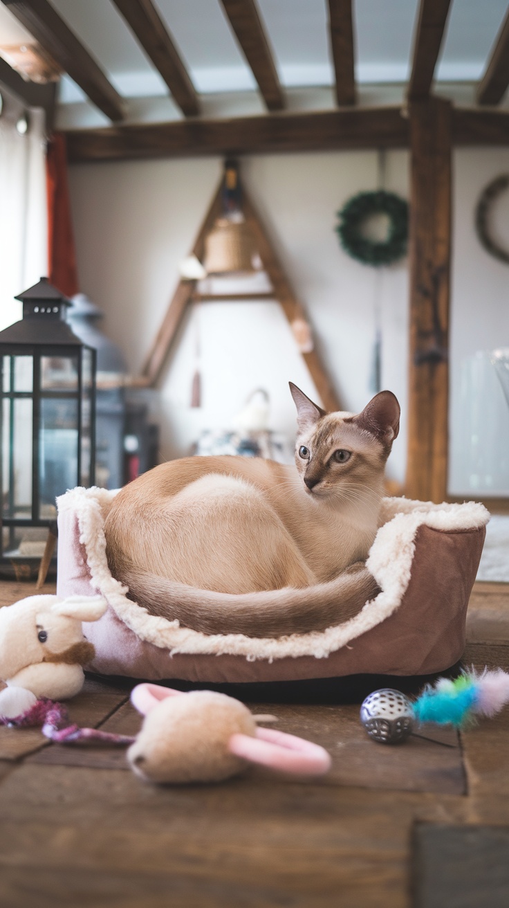 A fawn point Siamese cat relaxing in a cozy bed surrounded by toys.
