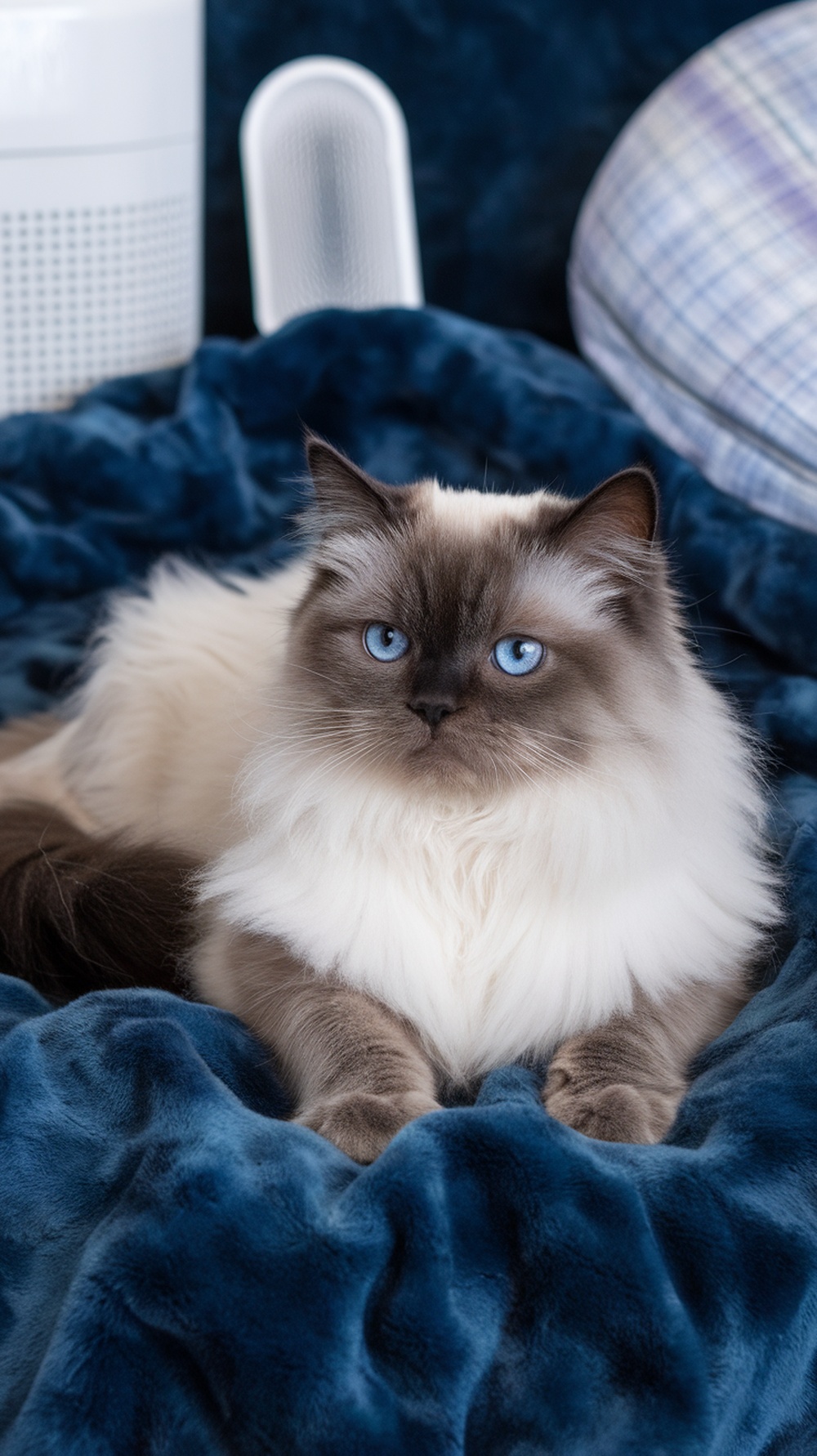 A beautiful Himalayan cat with striking blue eyes, laid on a soft blue fabric background.