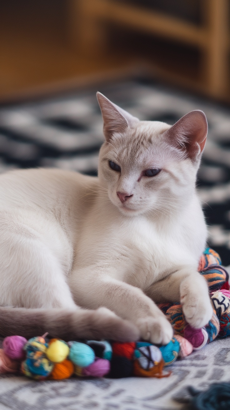 A lilac point Siamese cat lounging comfortably on a colorful fabric.