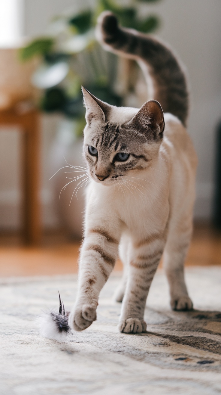 A Lynx Point Siamese cat playing with a feather toy.