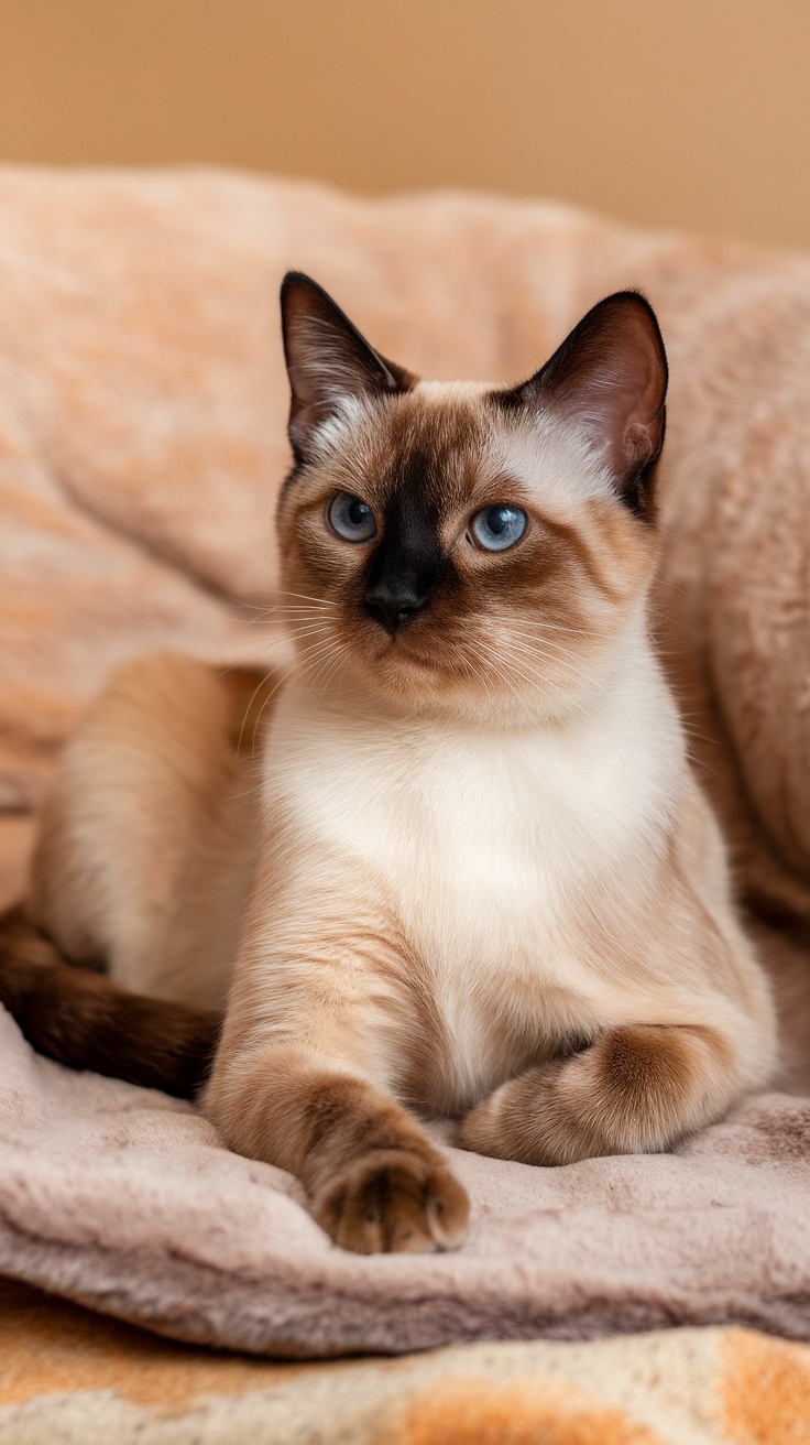 Mink Point Siamese cat with creamy beige fur and darker points, resting comfortably.