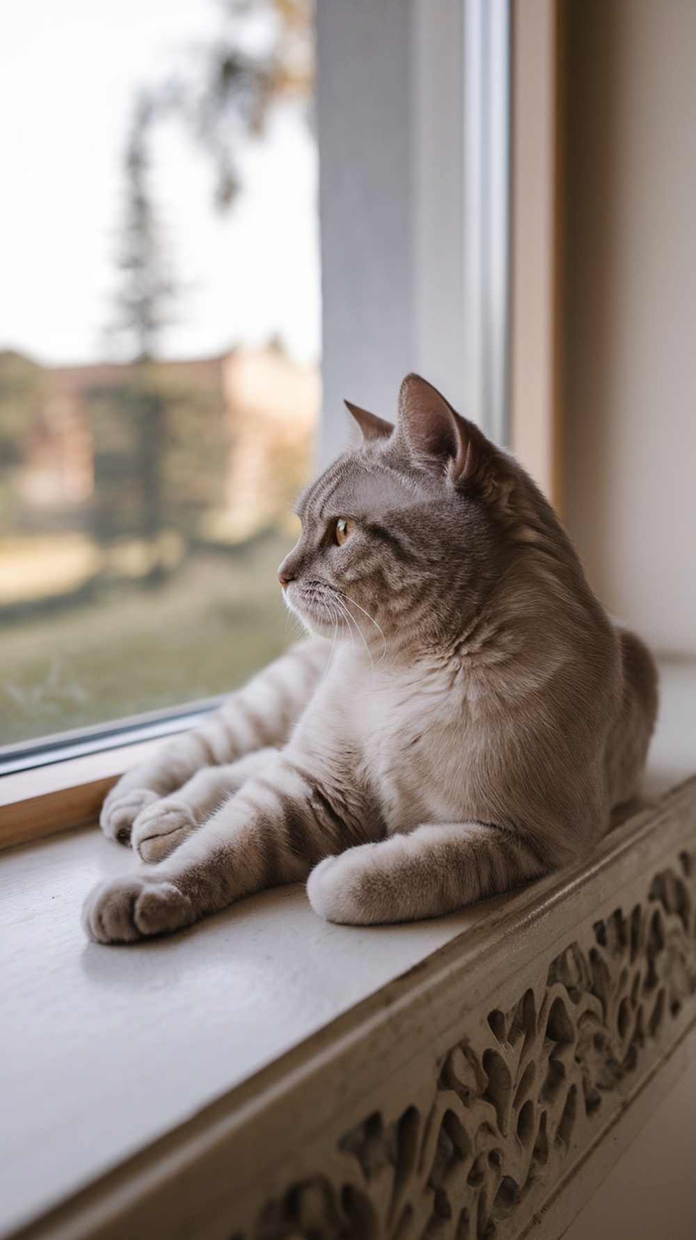 A relaxed Oriental Shorthair cat sitting by a window, looking outside.
