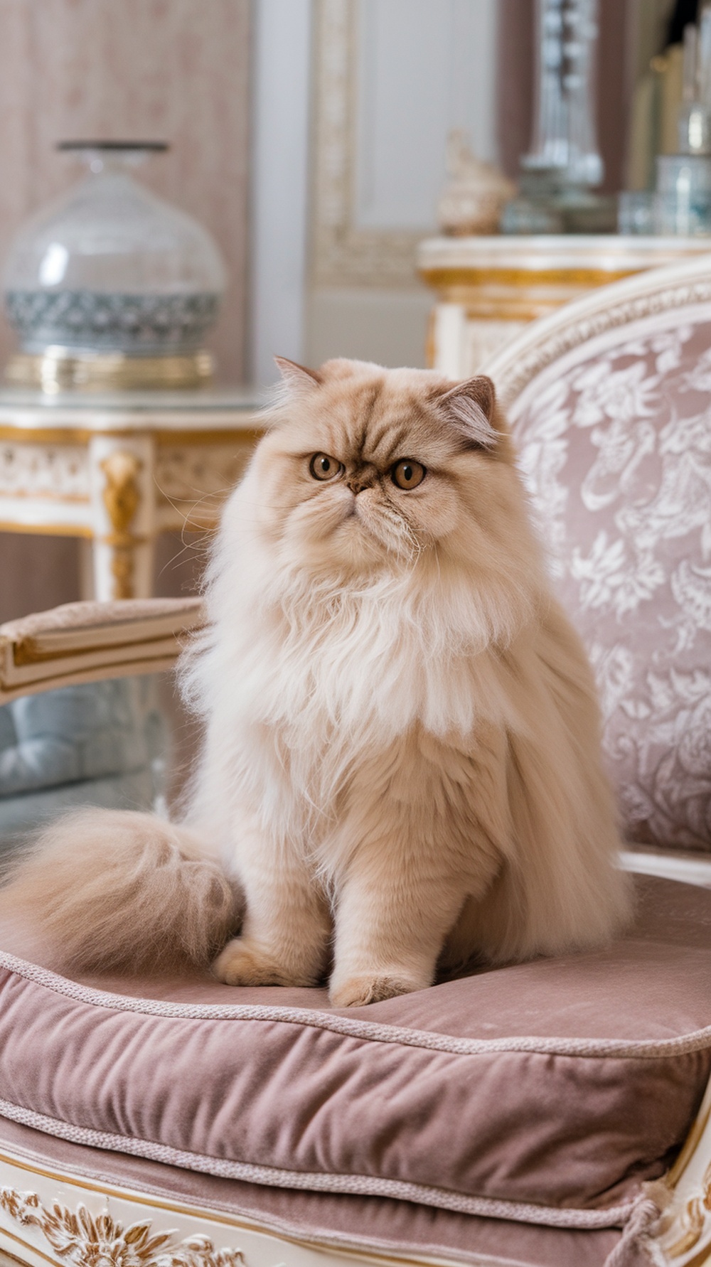 A fluffy Persian cat sitting on a plush cushion in an elegant room.