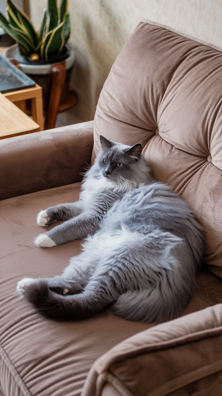 A Ragdoll cat relaxing on a couch with pet dander allergy signs in the background.