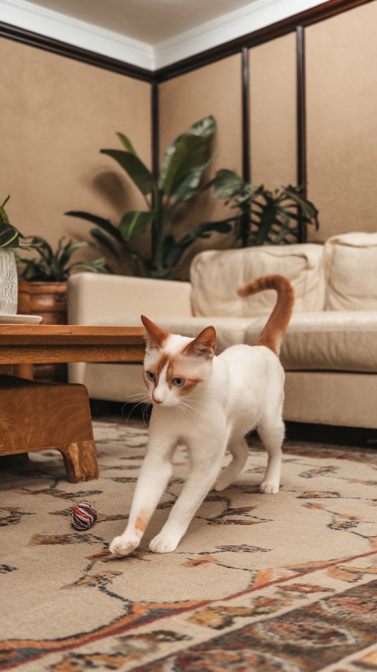 A Red Point Siamese cat walking on a patterned rug.
