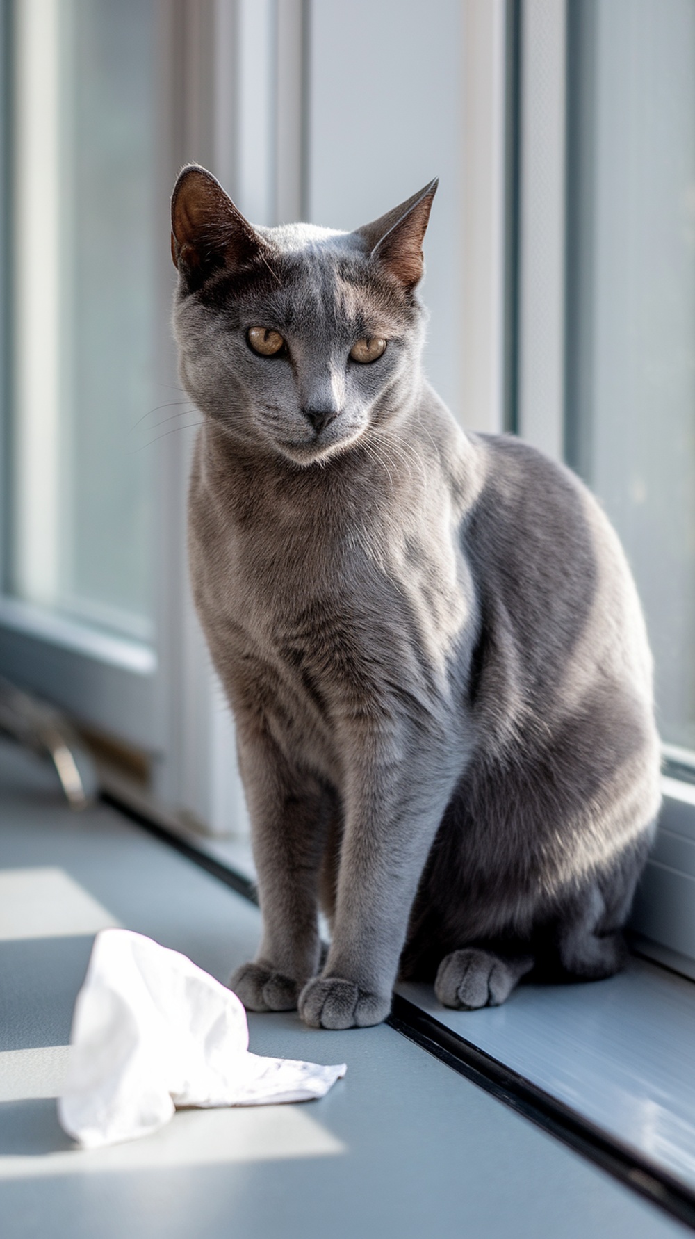 A Russian Blue cat sitting by a window, looking serene with sunlight illuminating its gray fur.