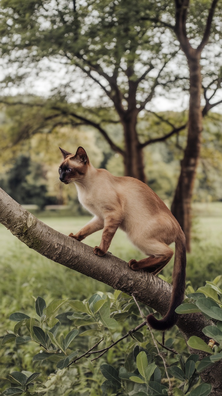 A Sable Point Siamese cat climbing on a tree branch in a lush green environment.