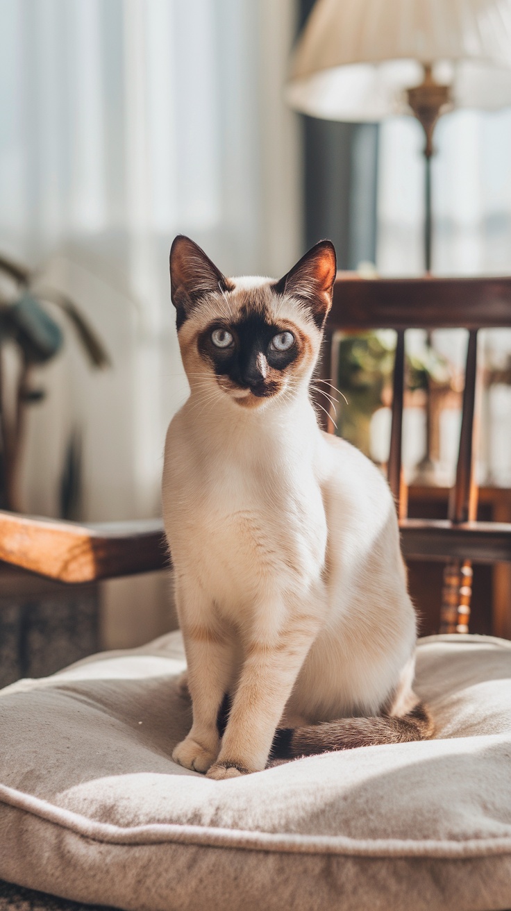 A Seal Point Siamese cat sitting on a cushion, showcasing its dark brown points and creamy body.