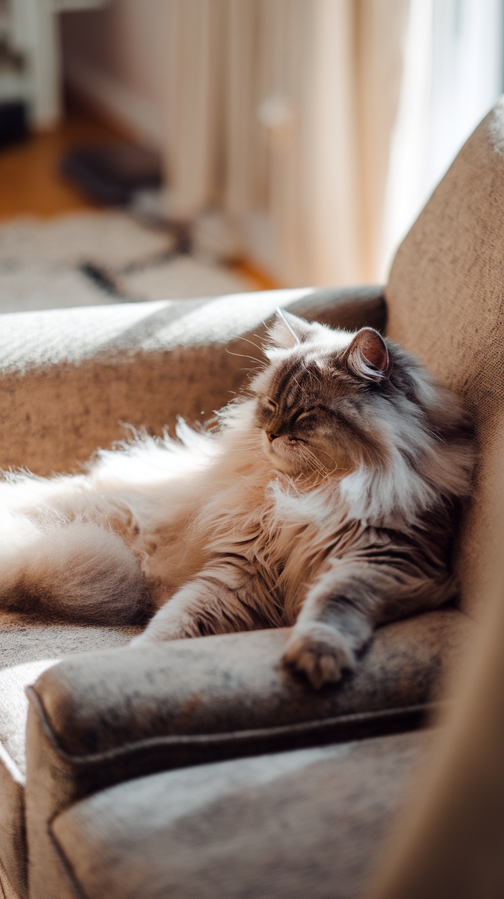 A fluffy Siberian cat lounging on a chair, showcasing its hypoallergenic fur