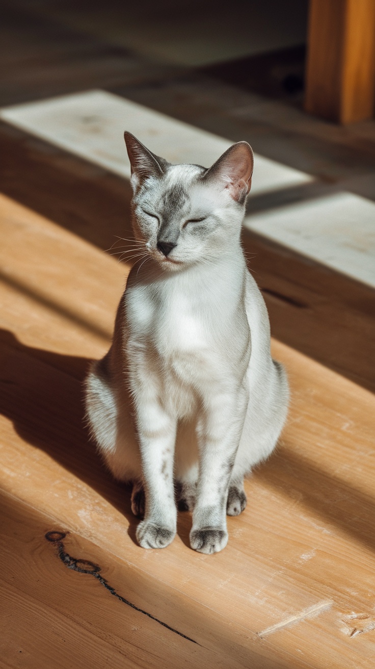 A Silver Point Siamese cat sitting gracefully on a wooden floor.