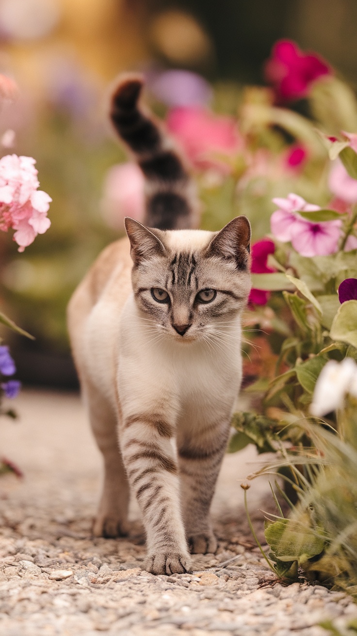 A Tabby Point Siamese cat walking amidst colorful flowers.