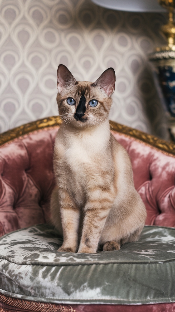A Tortie Point Siamese cat sitting on a velvet cushion, showcasing its unique color pattern.