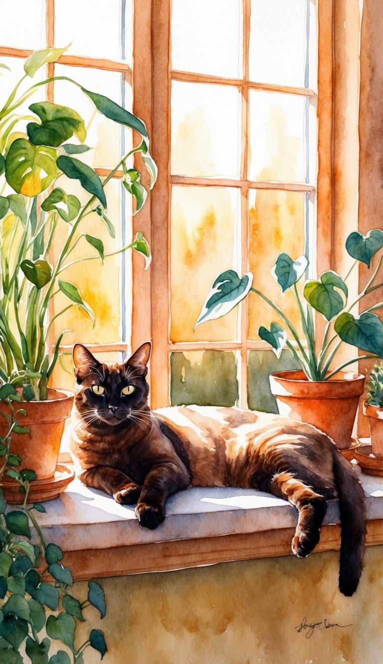 An Abyssinian cat lounging on a sunlit windowsill, surrounded by plants and bathed in warm, golden light