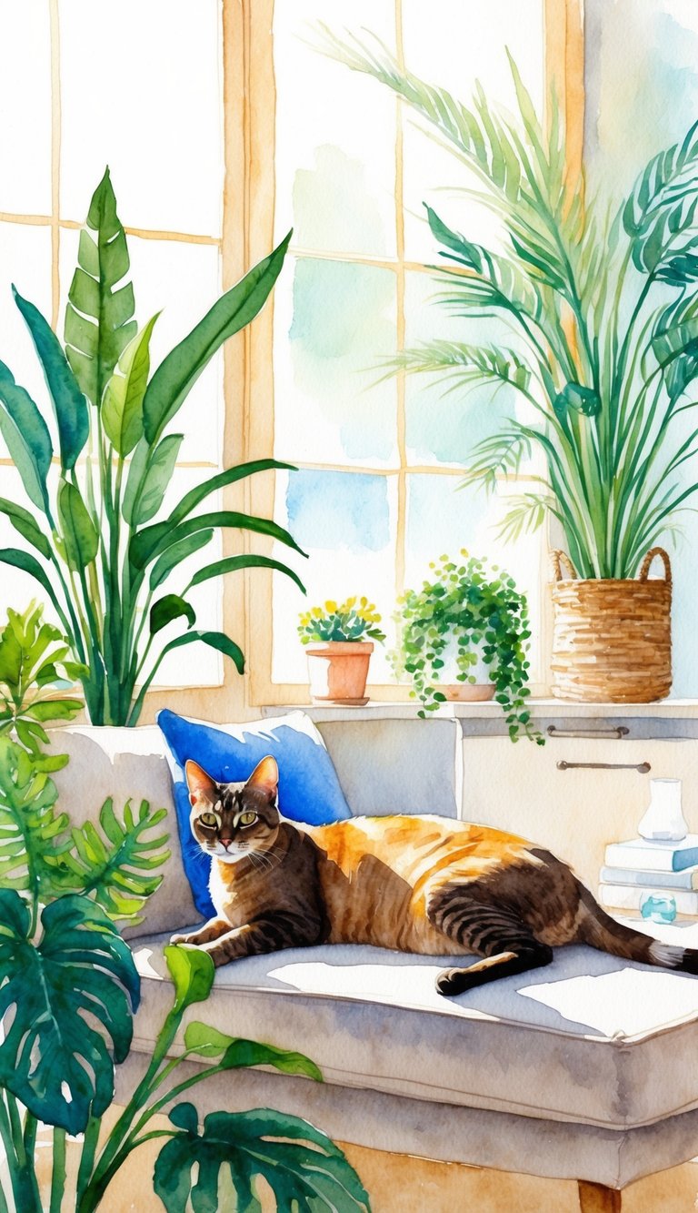 An Abyssinian cat lounging in a sunlit room, surrounded by hypoallergenic plants and a clean, clutter-free environment