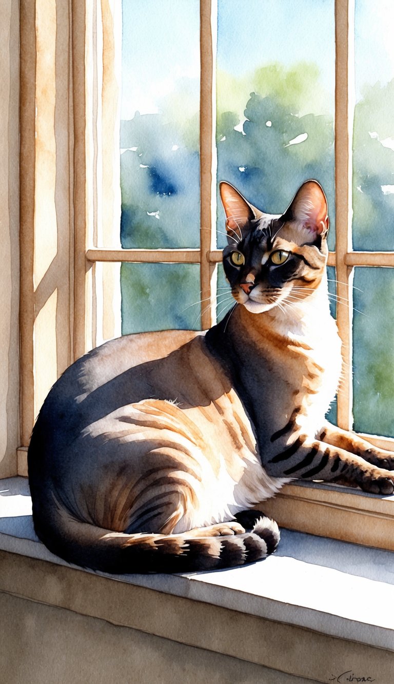 An Abyssinian cat lounging on a sunlit windowsill, with its sleek fur glistening in the sunlight, and its alert eyes gazing out at the world