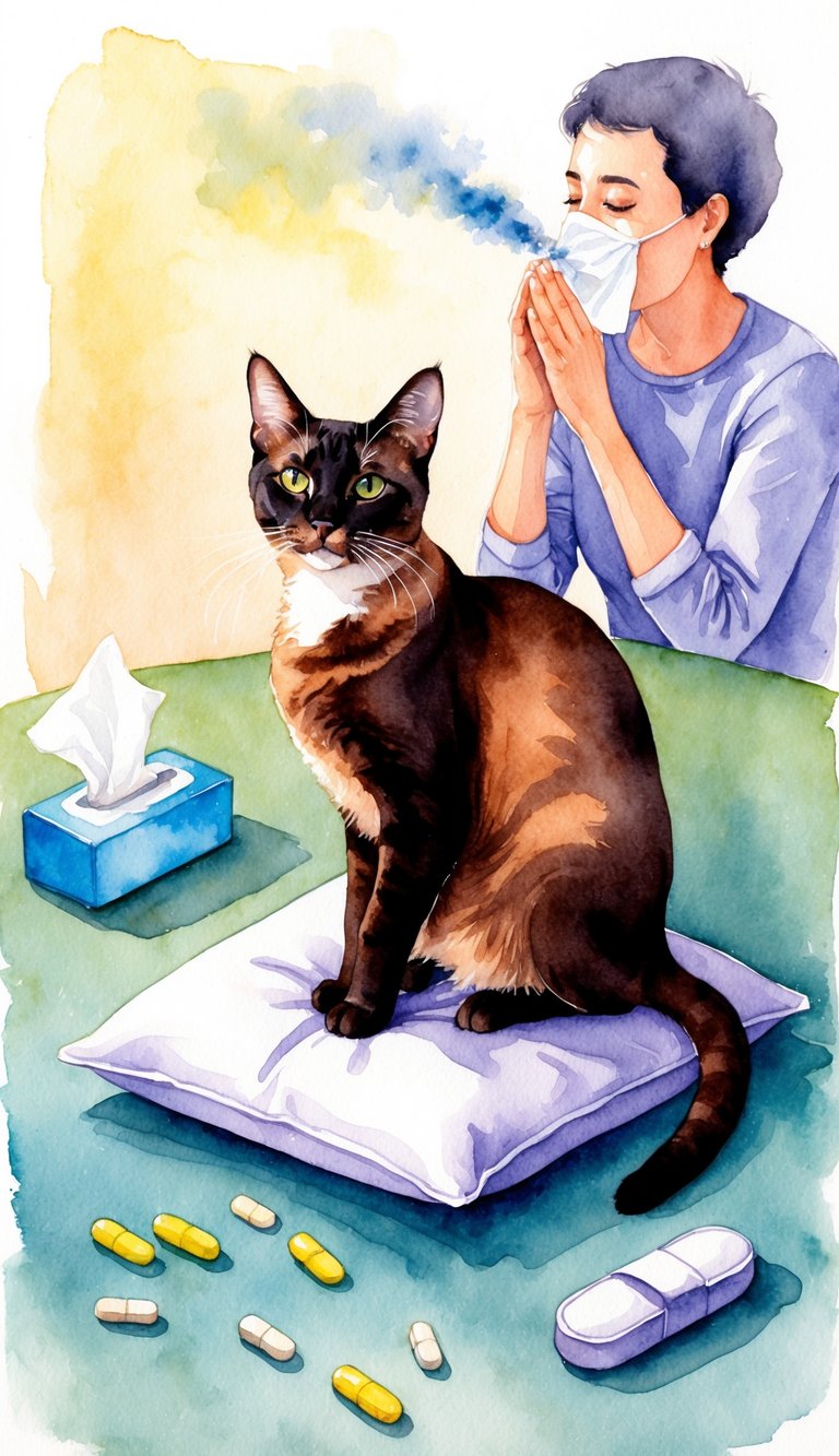 An Abyssinian cat sits gracefully on a cushion, surrounded by scattered allergy pills and a tissue box. A person sneezes in the background