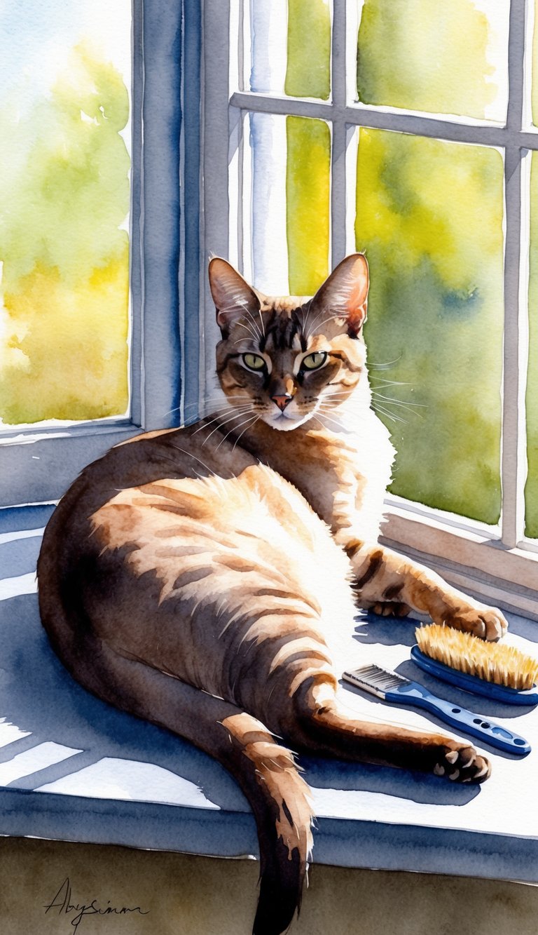 An Abyssinian cat lounges on a sunny windowsill, its sleek fur catching the light. A brush and grooming tools are scattered nearby, indicating regular care and maintenance