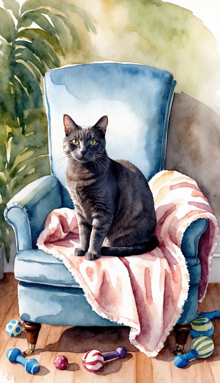 An American Shorthair cat sitting gracefully on a cozy chair, surrounded by scattered cat toys and a fluffy blanket